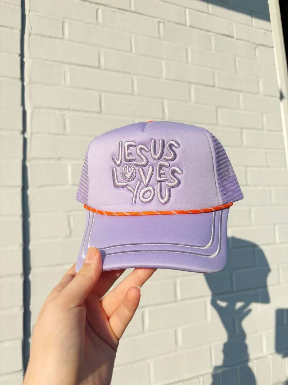 NEW POPPY & PINE women's jesus loves you smiley hat in purple
